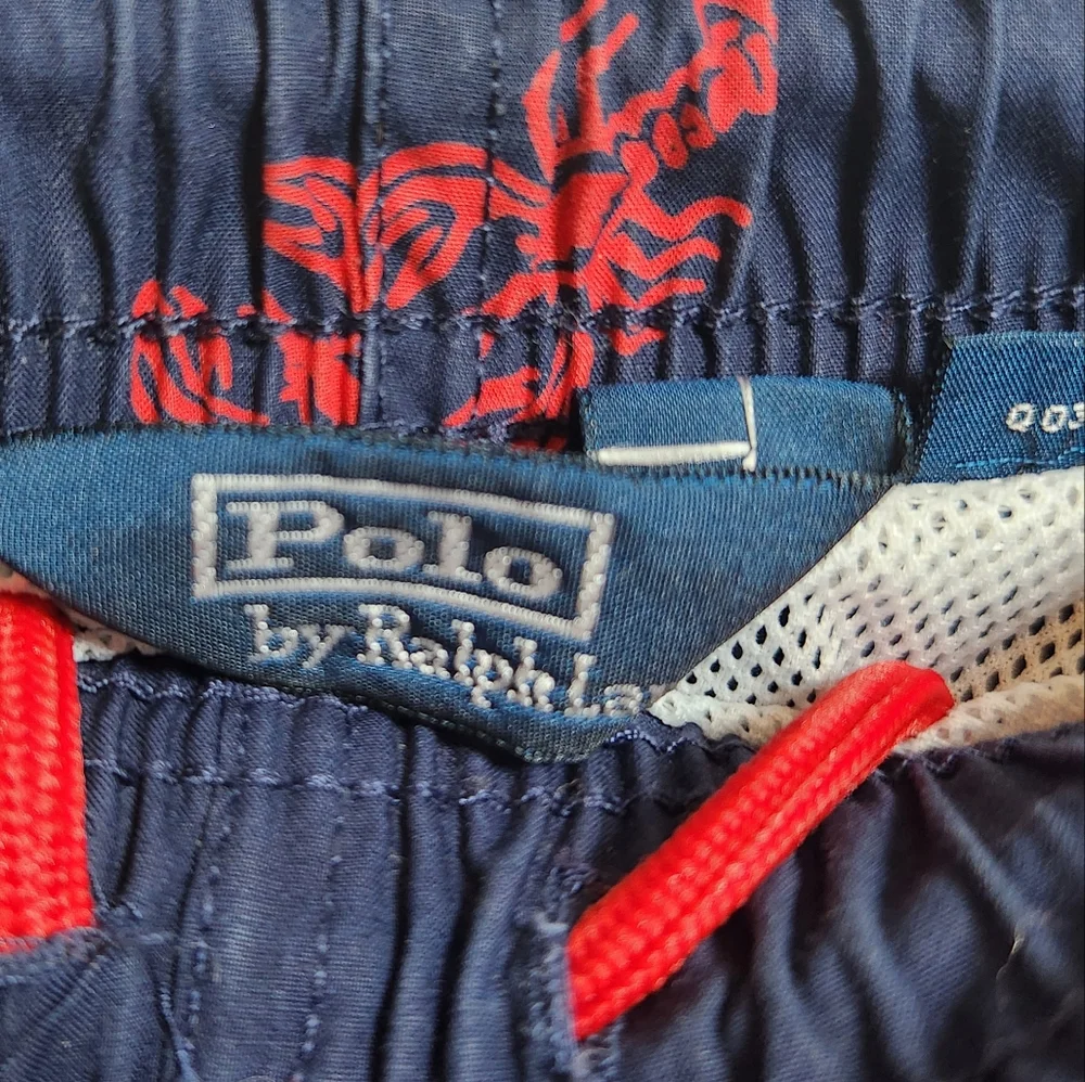Polo by Ralph Lauren Red Lobster Print Navy Board‎ Shorts Pockets Beach Medium